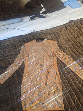 AKIRA Tan Sequin-Embellished Open Dress
